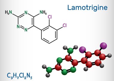 Lamotrigine molekülü. Epilepsi ve bipolar bozukluk tedavisinde kullanılır. Yapısal kimyasal formül ve molekül modeli