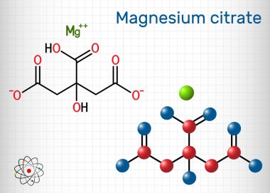 Magnezyum sitrat, C6h6mgo7 molekülü. Bu gıda katkı maddesi E345. Yapısal kimyasal formül ve molekül modeli. Kafesteki bir kağıt parçası.