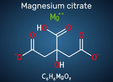 Magnezyum sitrat, C6h6mgo7 molekülü. Bu gıda katkı maddesi E345. Koyu mavi arkaplanda yapısal kimyasal formül. 