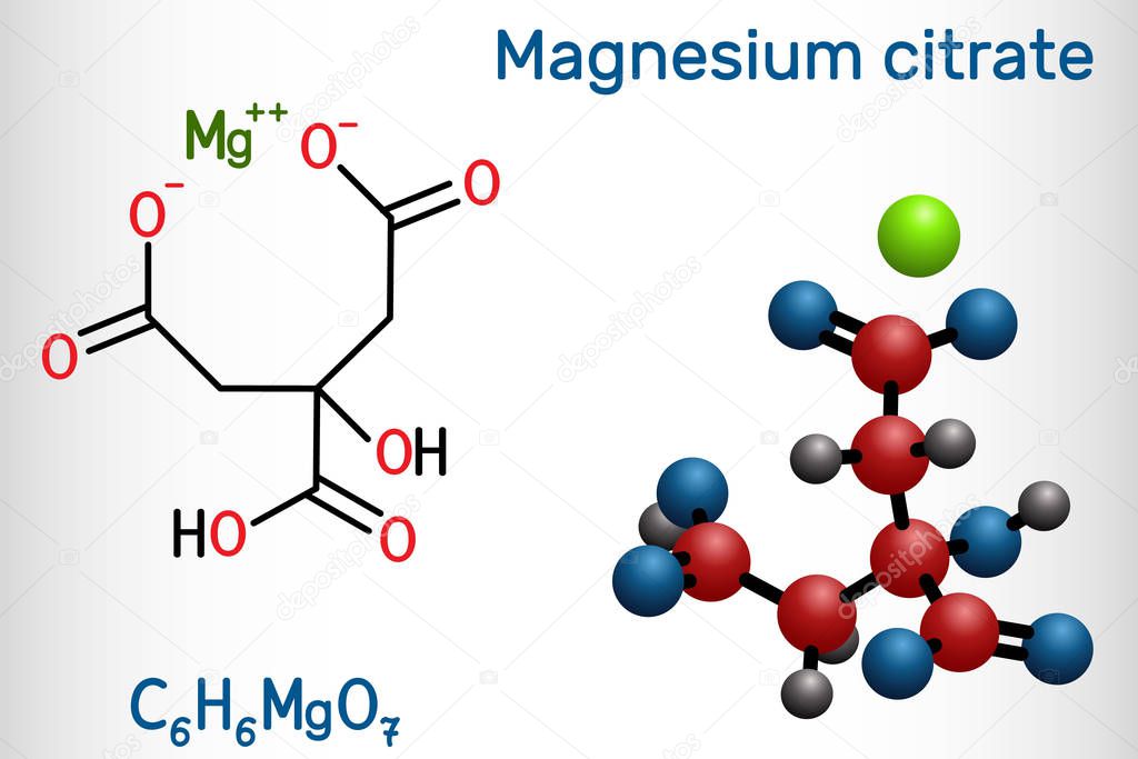 Magnesium citrate, C6H6MgO7 molecule. It is food additive E345. Structural chemical formula and molecule model.