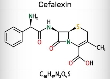 Cefalexin, cephalexin, C16H17N3O4S molecule. It is a beta-lactam, first-generation cephalosporin antibiotic with bactericidal activity. Skeletal chemical formula.                      . Skeletal chemical formula