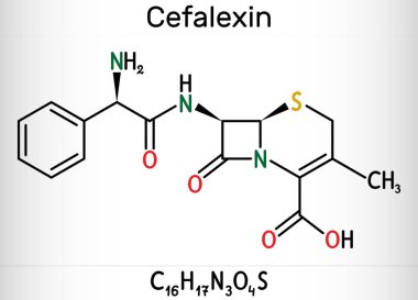 Cefalexin, cephalexin, C16H17N3O4S molecule. It is a beta-lactam, first-generation cephalosporin antibiotic with bactericidal activity. Skeletal chemical formula.                      . Skeletal chemical formula clipart