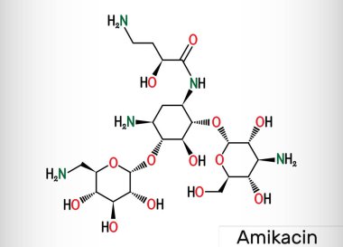 Amikacin, C22H43N5O13 molecule. It is aminoglycoside antibiotic, it exerts activity against more resistant gram-negative bacteria. Skeletal chemical formula clipart