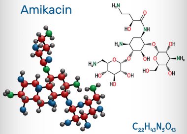 Amikacin, C22H43N5O13 molecule. It is aminoglycoside antibiotic, it exerts activity against more resistant gram-negative bacteria. Structural chemical formula and molecule model