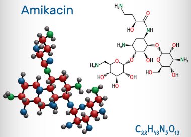 Amikacin, C22H43N5O13 molecule. It is aminoglycoside antibiotic, it exerts activity against more resistant gram-negative bacteria. Structural chemical formula and molecule model clipart