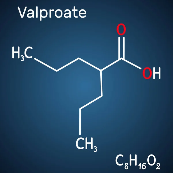 Valproato, AVA, molécula de ácido valproico. Es un medicamento anticonvulsivo y antiepiléptico. Fórmula química estructural sobre el fondo azul oscuro — Vector de stock