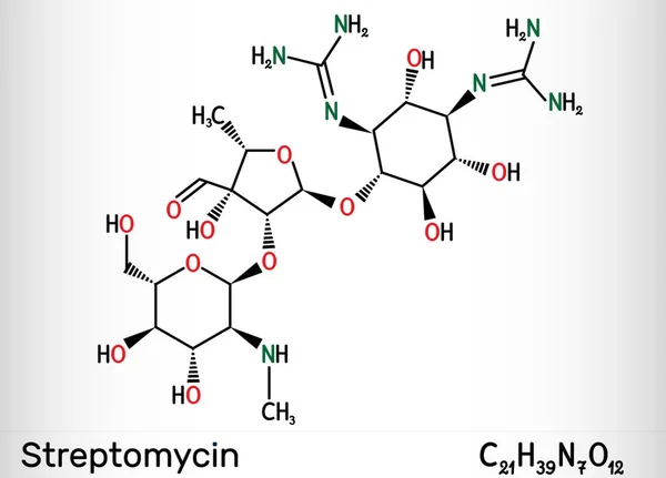 Streptomicina, molécula C21H39N7O12. Es un antibiótico aminoglucósido. Fórmula química esquelética . — Foto de Stock