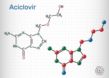 Aciclovir, acyclovir, ACV, antiviral agent, C8H11N5O3 molecule. It is used to treat herpes simplex, Varicella zoster, herpes zoster. Sheet of paper in a cage. Structural chemical formula and molecule 