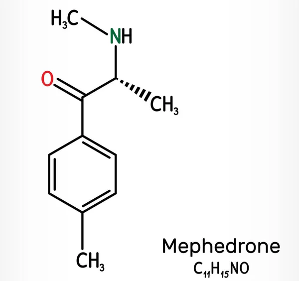 Mephedrone, 4-methyl methcathinone, 4-MMC, 4-methyl ephedrone, C11H15NO molecule. Es estimulante sintético, medicamento entactogénico de las clases de anfetamina y catinona. Fórmula química esquelética . — Foto de Stock