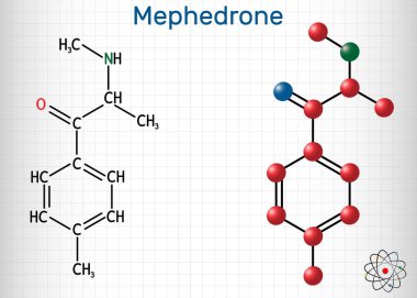 Mefedron, 4-metil metil katinon, 4-Mmc, 4-metil efedron, C11-15no molekülü. Sentetik uyarıcı, amfetamin ve katinon sınıflarının entaktojen ilacı. Kafesteki bir kağıt parçası.