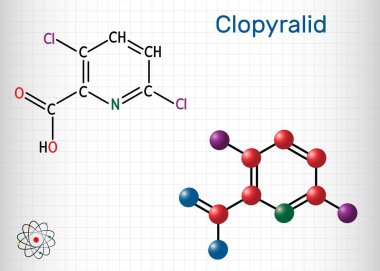 Clopyralid, C6h3cl2no2 molekülü. Herbisit, organik klor böcek ilacı. Yapısal kimyasal formül ve molekül modeli. Kafesteki bir kağıt parçası