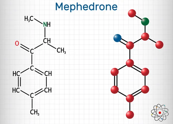 Mephedrone, 4-methyl methcathinone, 4-MMC, 4-methyl ephedrone, C11H15NO molecule. Es estimulante sintético, medicamento entactogénico de las clases de anfetamina y catinona. Hoja de papel en una jaula . — Vector de stock