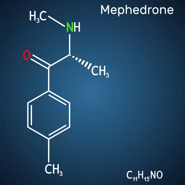 Mephedrone, 4-methyl methcathinone, 4-MMC, 4-methyl ephedrone, C11H15NO molecule. Es estimulante sintético, medicamento entactogénico de las clases de anfetamina y catinona. Fórmula química estructural sobre el fondo azul oscuro . — Vector de stock