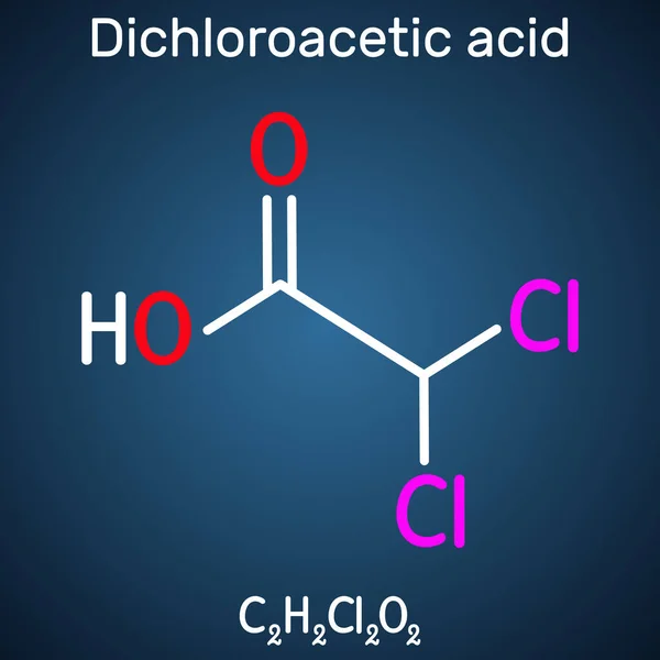 Ácido dicloroacético DCA, ácido bicloroacético BCA, molécula de C2H2Cl2O2. Fórmula química estructural sobre el fondo azul oscuro — Archivo Imágenes Vectoriales