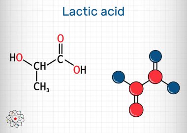Lactic acid, lactate, milk sugar, C3H6O3 molecule. It is food additive E270 and alpha-hydroxy acid AHA.  Structural chemical formula and molecule model. Sheet of paper in a cage. clipart