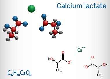 Kalsiyum laktat, C6h10cao6, laktik anyon molekülü. Tıpta kalsiyum eksikliklerini tedavi etmek ve gıda katkı maddesi E327 olarak kullanılır. Yapısal kimyasal formül ve molekül modeli