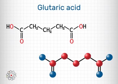 Glutarik asit, C5h8o4 molekülü. Basit bir beş karbonlu doğrusal dikarboksilik asit. Yapısal kimyasal formül ve molekül modeli. Kafesteki bir kağıt parçası