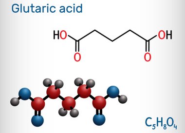 Glutarik asit, C5h8o4 molekülü. Basit bir beş karbonlu doğrusal dikarboksilik asit. Yapısal kimyasal formül ve molekül modeli. 