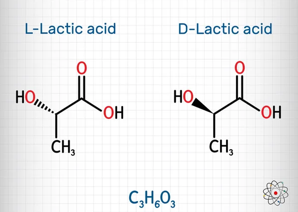 L-γαλακτικό οξύ και D-γαλακτικό οξύ, γαλακτικό, σάκχαρο γάλακτος, μόριο C3h6o3. Είναι chiral, που αποτελείται από δύο εναντιομερή. Δομικός χημικός τύπος. Φύλλο χαρτιού σε κλωβό. — Διανυσματικό Αρχείο