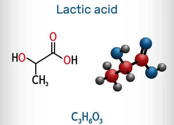 Γαλακτικό οξύ, γαλακτικό οξύ, σάκχαρο γάλακτος, μόριο C3h6o3. Είναι πρόσθετο τροφίμων E270 και α-υδροξυ-οξύ Aha. Δομικός χημικός τύπος και μοριακό μοντέλο — Διανυσματικό Αρχείο