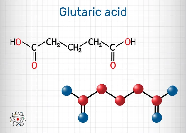 Ácido glutárico, molécula C5H8O4. Es simple ácido dicarboxílico lineal de cinco carbonos. Fórmula química estructural y modelo molecular. Hoja de papel en una jaula — Vector de stock