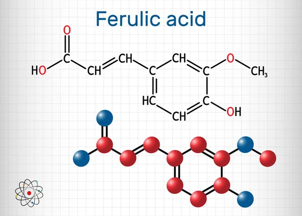 Ácido ferúlico, ácido conífero, molécula de C10H10O4. Es ácido fenólico, un antioxidante, un agente antiinflamatorio, un inhibidor de la apoptosis, un agente cardioprotector. Hoja de papel en una jaula — Vector de stock