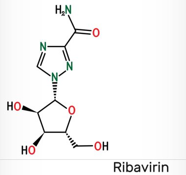 Ribavirin, tribavirin, C8H12N4O5 molekülü. RSV enfeksiyonu, hepatit C, viral hemorajik ateş, koronavirüs COVID-19 tedavisi için antiviral ilaçlar. İskelet kimyasal formülü. Görüntü