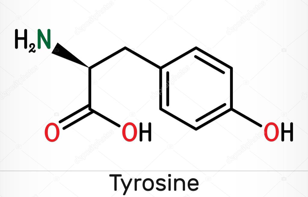 Tyrosine, L-tyrosine, Tyr,  C9H11NO3  amino acid molecule. It plays role in protein synthesis, it is precursor for synthesis of catecholamines, thyroxine, melanin. Skeletal chemical formula. Illustration
