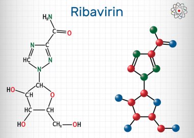 Ribavirin, tribavirin, C8H12N4O5 molekülü. RSV enfeksiyonu, hepatit C, viral hemorajik ateş, koronavirüs COVID-19 tedavisi için antiviral ilaçlar. Kafesteki bir kağıt parçası. Vektör illüstrasyonu