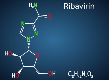 Ribavirin, tribavirin, C8H12N4O5 molekülü. RSV enfeksiyonu, hepatit C, viral hemorajik ateş, koronavirüs COVID-19 tedavisi için antiviral ilaçlar. Koyu mavi arka plan. Vektör illüstrasyonu
