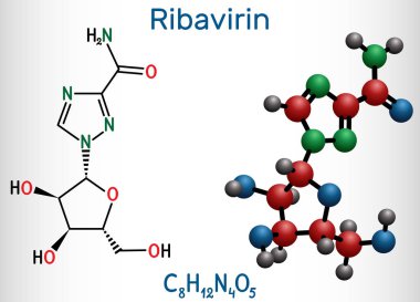 Ribavirin, tribavirin, C8H12N4O5 molekülü. RSV enfeksiyonu, hepatit C, viral hemorajik ateş, koronavirüs COVID-19 tedavisi için antiviral ilaçlar. Yapısal kimyasal formül ve molekül modeli. Vektör 