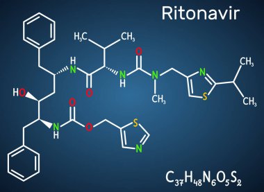 Ritonavir, C37h48n6o5s2 molekülü. Bu bir antiretroviral protein inhibitörü, insan immün yetmezlik virüsü Hiv enfeksiyonu tedavisinde kullanılır ve 2019-ncov 'da bağışıklık yetmezliği sendromu yardımı alınır. Vektör illüstrasyonu