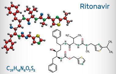 Ritonavir, C37h48n6o5s2 molekülü. Bu bir antiretroviral protein inhibitörü, insan immün yetmezlik virüsü Hiv enfeksiyonu tedavisinde kullanılır ve 2019-ncov 'da bağışıklık yetmezliği sendromu yardımı alınır. Vektör illüstrasyonu