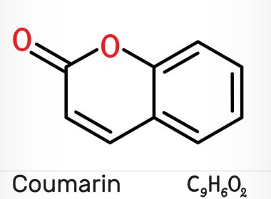 Coumarin, C9H6O2 molecule. It has sweet odor, recognised as scent of newly-mown hay. Coumarinic compounds are a class of lactones. Skeletal chemical formula. Illustration clipart