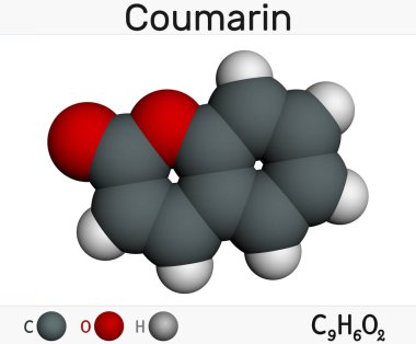Coumarin, C9H6O2 molecule. It has sweet odor, recognised as scent of newly-mown hay. Coumarinic compounds are a class of lactones. Molecular model. 3D rendering clipart
