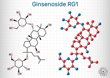Ginsenoside Rg1 molekülü. Ginseng 'in başlıca aktif bileşenlerinden biridir, sigara dumanından kaynaklanan solunum yolu fibrozunu düzeltir. Kafesteki bir kağıt parçası. Vektör illüstrasyonu