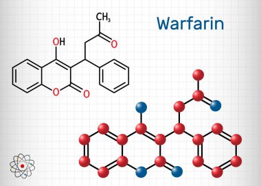 Varfarin, C19: 16o4 molekülü. Varfarin, normalde kan pıhtılaşmasını önlemek için kullanılan bir antikoagülan ilacıdır. Kafesteki bir kağıt parçası. Vektör illüstrasyonu