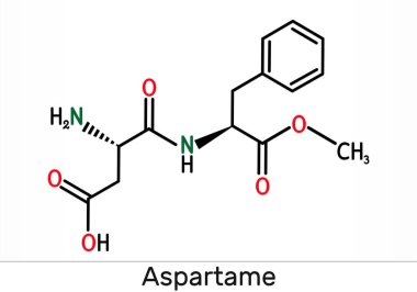 Aspartam, APM, molekül. Şeker ikamesi ve E951. İskelet kimyasal formülü. Görüntü