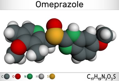 Omeprazole, C17H19N3O3S molekülü. Mide asidi ile ilgili hastalıkları, peptik ülser hastalıklarını, gastroözofajiyal reflü hastalığını tedavi etmek için kullanılır. Moleküler model. 3B görüntüleme