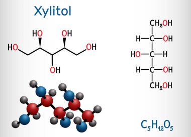 Xylitol, C5H12O5 molekülü. Polialkol ve şeker alkolü, bir Alditol. Gıda katkı maddesi E967 ve şeker yerine kullanılır. Yapısal kimyasal formül ve molekül modeli. Vektör illüstrasyonu