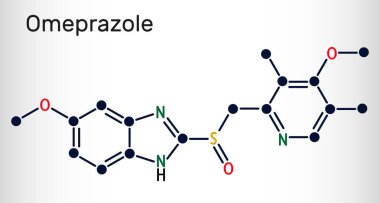 Omeprazole, C17H19N3O3S molekülü. Mide asidi ile ilgili hastalıkları, peptik ülser hastalıklarını, gastroözofajiyal reflü hastalığını tedavi etmek için kullanılır. İskelet kimyasal formülü. Vektör illüstrasyonu