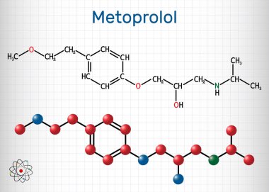 Metoprolol, C15H25NO3 molekülü. Hipertansiyon ve anjina pektoris tedavisinde kullanılır. Kafesteki bir kağıt parçası. Vektör illüstrasyonu