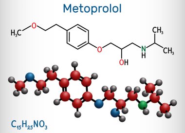 Metoprolol, C15H25NO3 molekülü. Hipertansiyon ve anjina pektoris tedavisinde kullanılır. Yapısal kimyasal formül ve molekül modeli. Vektör illüstrasyonu