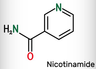 Nikotin, NAM, C6H6N2O molekülü. Besin takviyesi olarak kullanılan B3 vitamini. Yapısal kimyasal formül. Vektör illüstrasyonu
