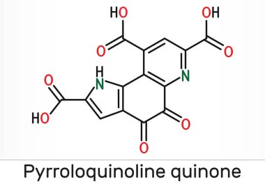 Pyrroloquinoline quinone,  PQQ , methoxatin  C14H6N2O8 molecule. It has a role as a water-soluble vitamin and a cofactor. Structural chemical formula. Illustration clipart