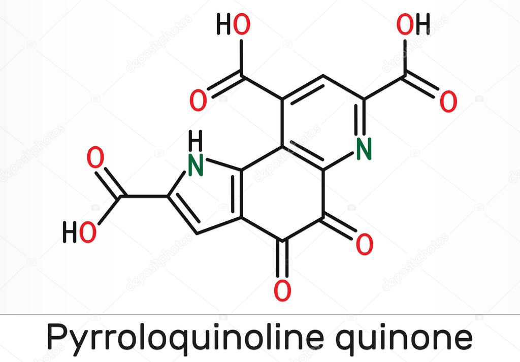 Pyrroloquinoline quinone,  PQQ , methoxatin  C14H6N2O8 molecule. It has a role as a water-soluble vitamin and a cofactor. Structural chemical formula. Illustration