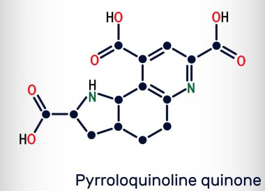 Pyrrroloquinoline quinone, PQQ, methoxatin C14H6N2O8 molekülü. Suda çözünen bir vitamin ve kofaktör rolü vardır. Yapısal kimyasal formül. Vektör illüstrasyonu