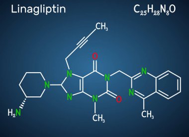Linagliptin, C25H28N8O2 molekülü. Tip 2 diyabet tedavisinde kullanılan DPP-4 inhibitörü. Koyu mavi arkaplanda yapısal kimyasal formül. Vektör illüstrasyonu