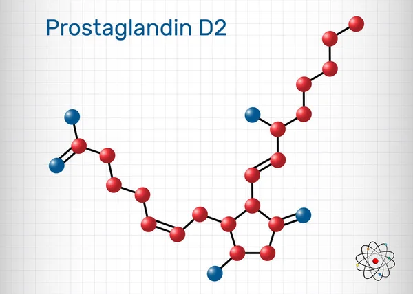 Prostaglandin D2, PGD2, prostaglandin, C20H32O5 molekülü. Yapısal kimyasal formül ve molekül modeli. Vektör illüstrasyonu