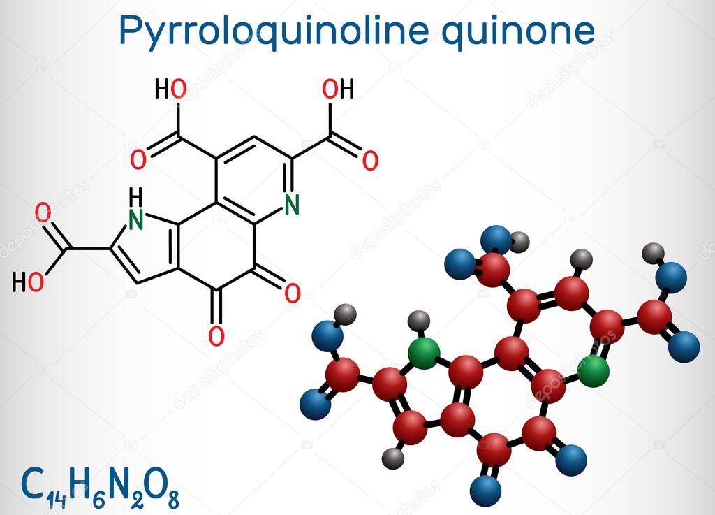 Pyrroloquinoline quinone,  PQQ , methoxatin  C14H6N2O8 molecule. It has a role as a water-soluble vitamin and a cofactor. Structural chemical formula and molecule model. Vector illustration